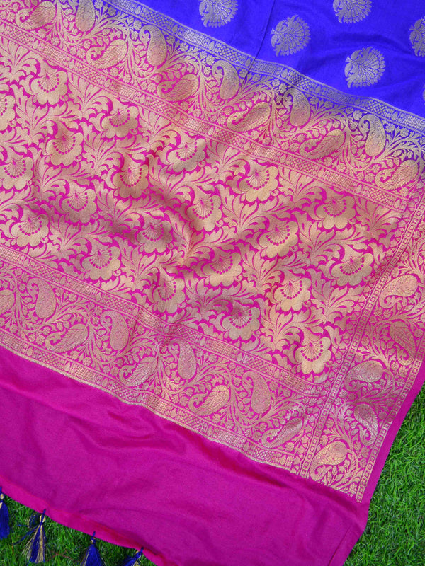 Banarasee Handwoven Semi-Chiffon Saree With Buta Design-Blue With Pink