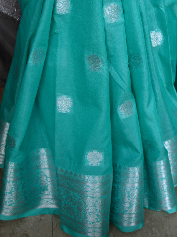 Banarasee Handwoven Semi-Chiffon Saree With Silver Zari & Dual Color-Grey & Green