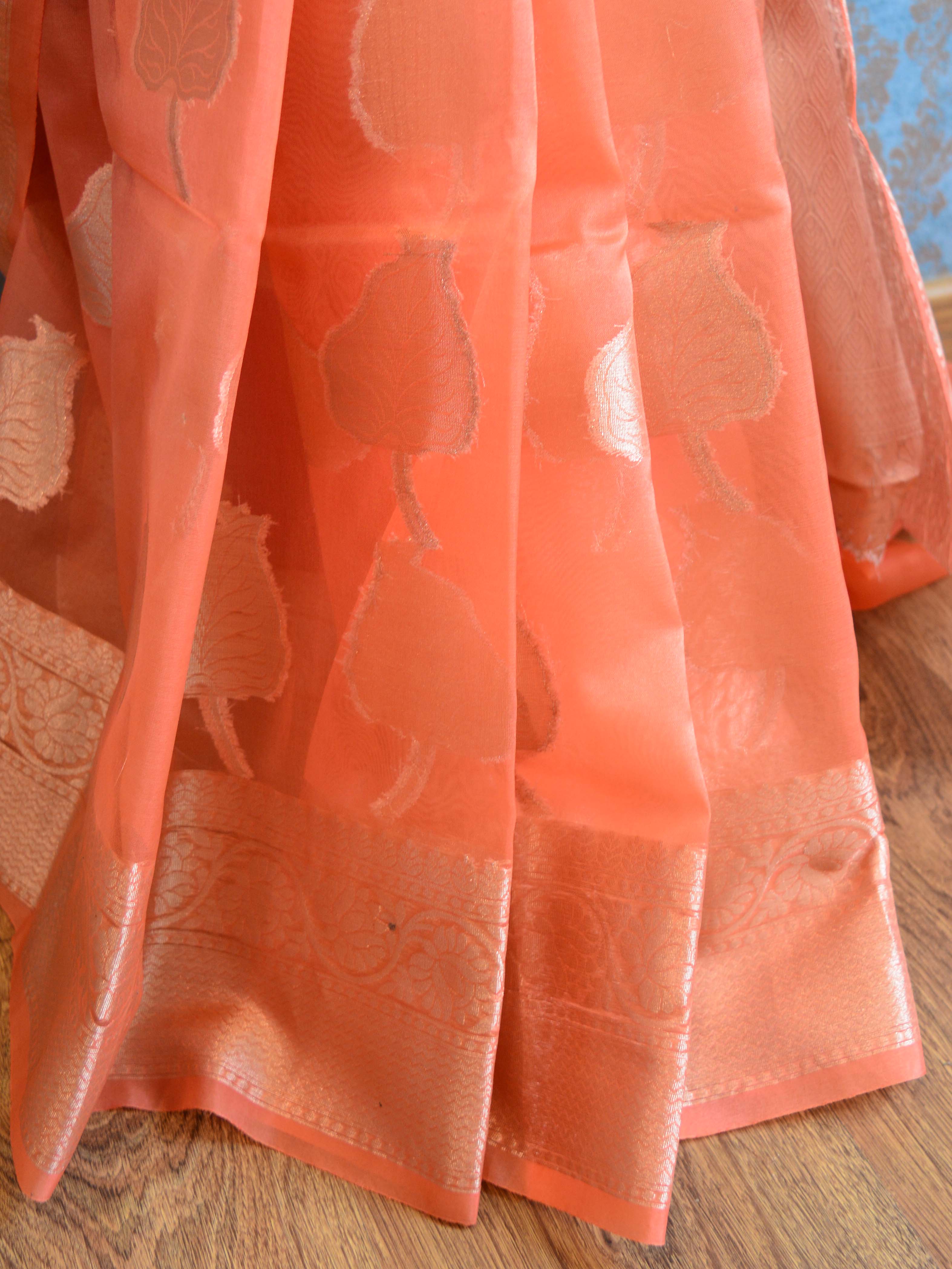 Banarasee Organza Mix Saree With Silver Zari Leaf Buta-Peach