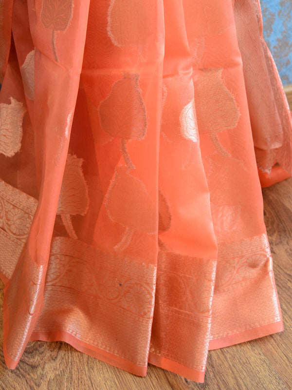 Banarasee Organza Mix Saree With Silver Zari Leaf Buta-Peach