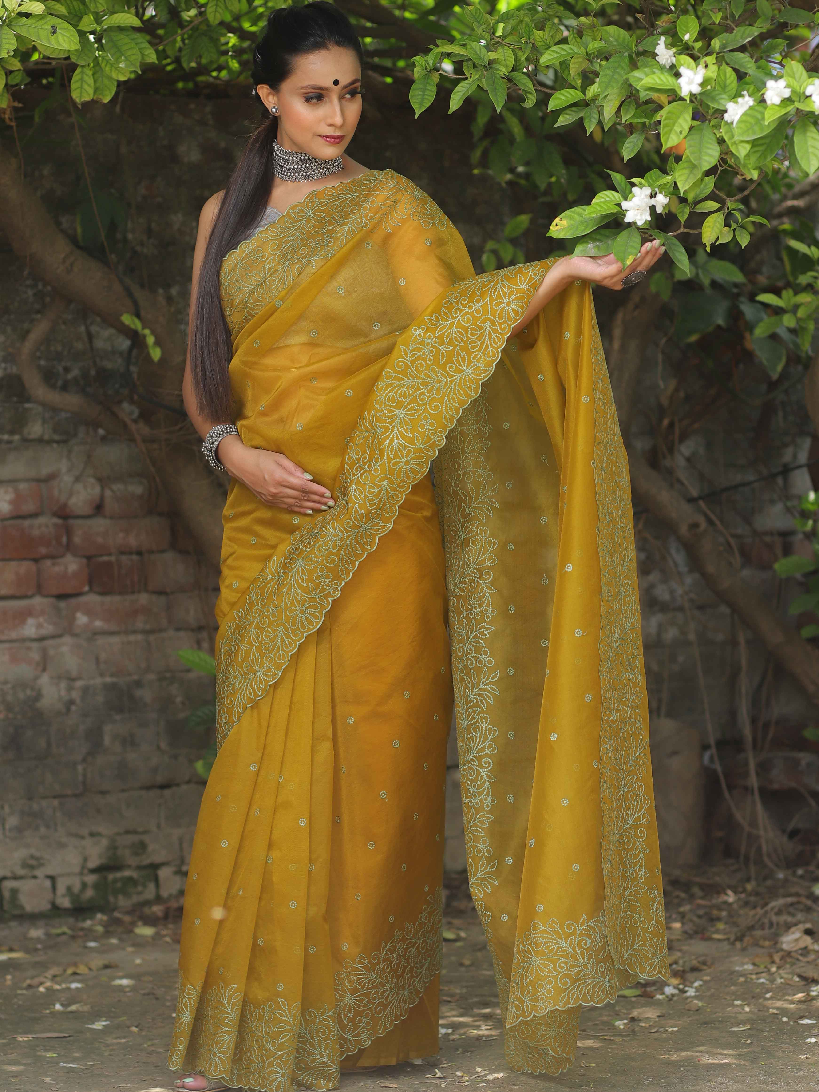 Banarasee Handwoven Organza Silk Floral Embroidered Saree-Olive Green