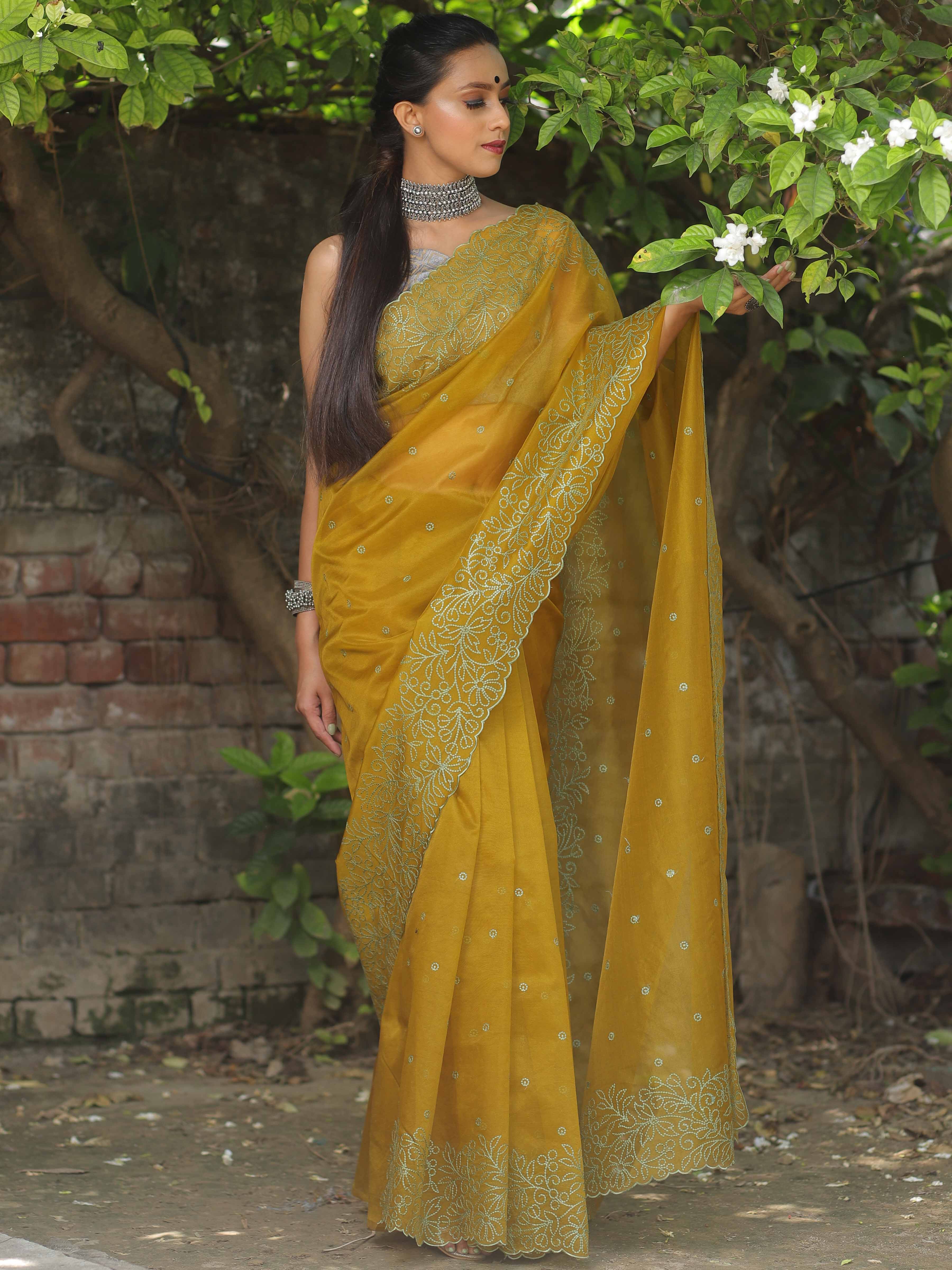 Banarasee Handwoven Organza Silk Floral Embroidered Saree-Olive Green