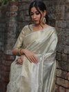 Banarasee Handwoven Tissue Saree With Zari Buti Work-Silver