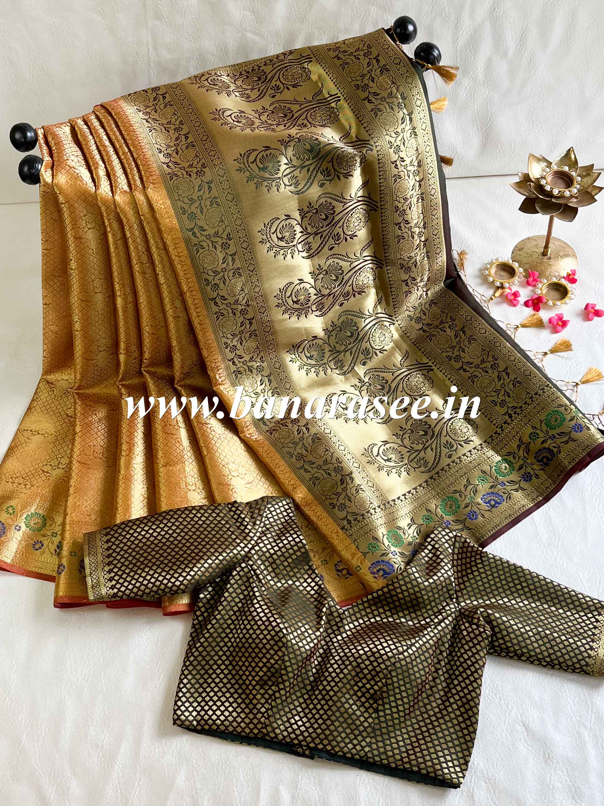 Banarasee Art Silk Saree With Meena Floral Border & Self Weaving Work-Gold