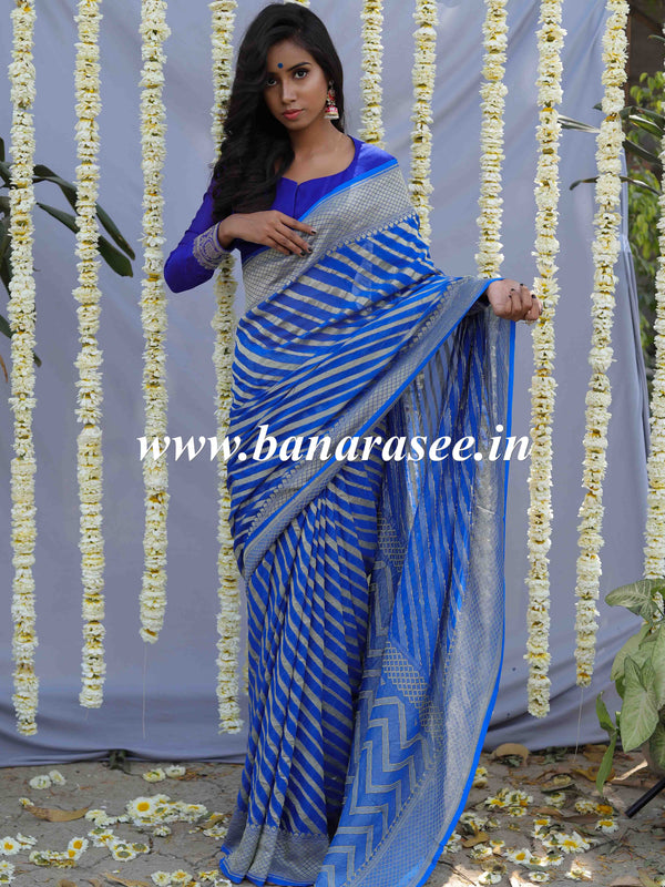 Banarasee Pure Khaddi Chiffon Silk Sari With Stripes Design Solid Zari Border-Royal Blue