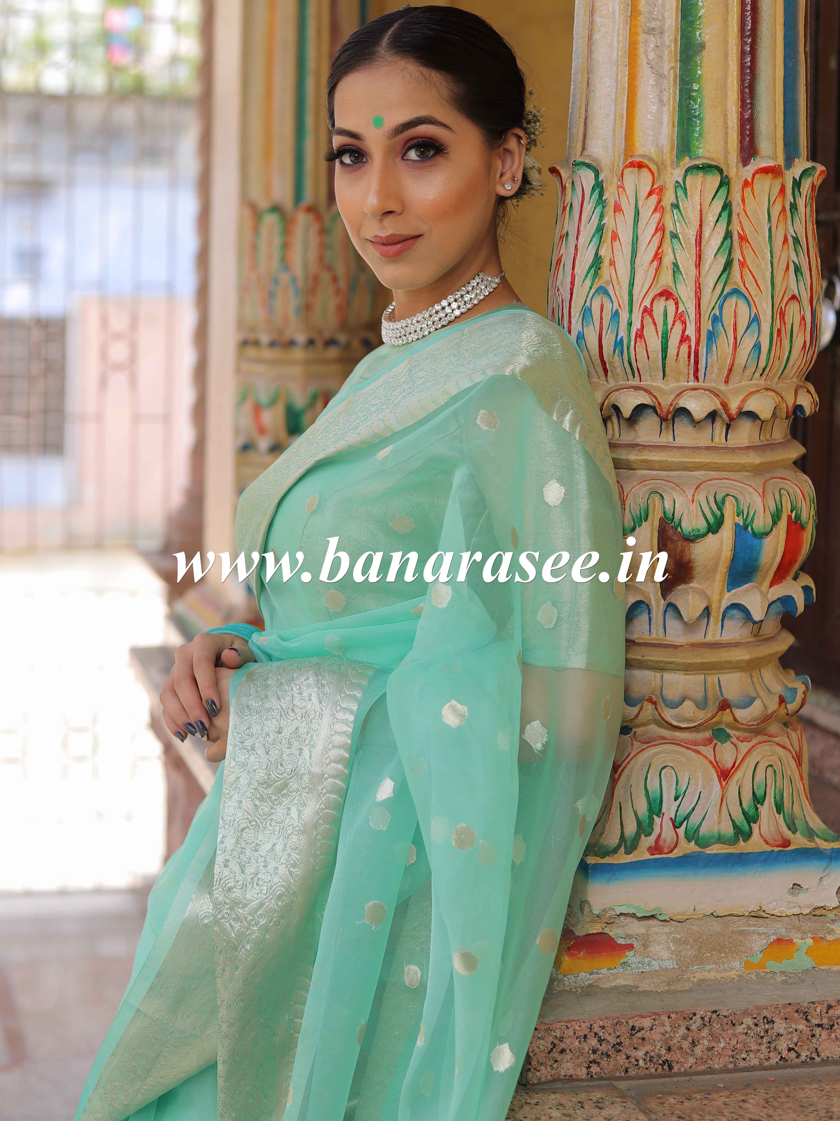 Banarasee Organza Mix Saree With Silver Zari Buta & Border-Sea Green