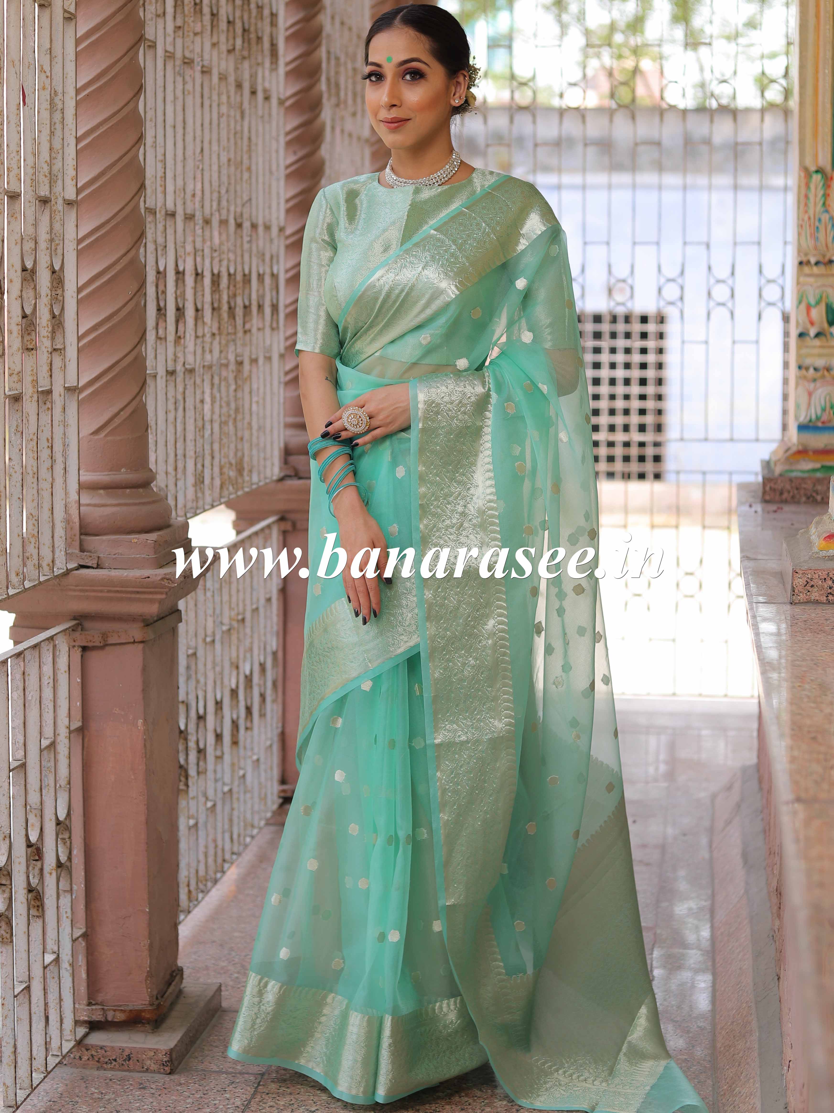 Banarasee Organza Mix Saree With Silver Zari Buta & Border-Sea Green