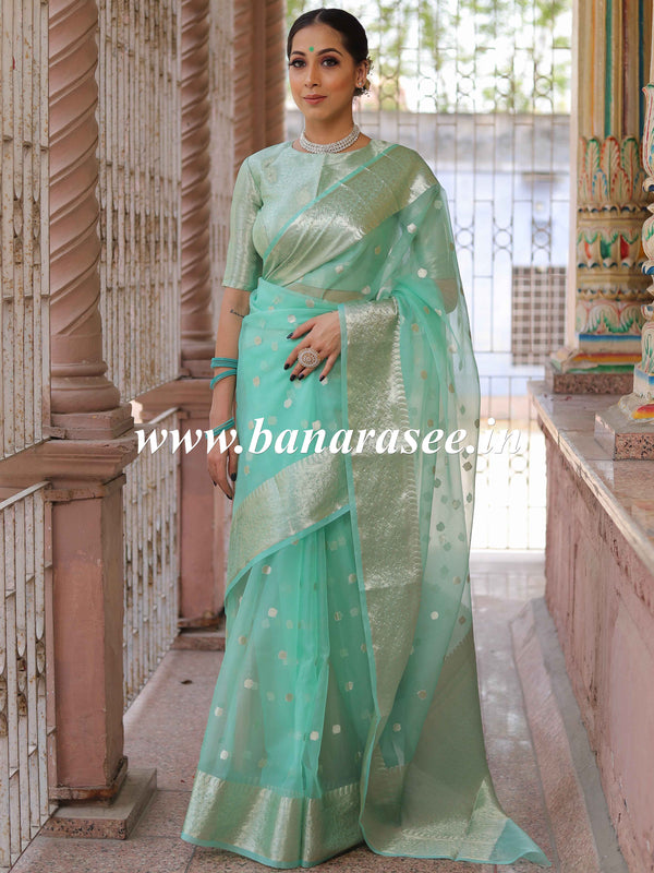 Banarasee Organza Mix Saree With Silver Zari Buta & Border-Sea Green