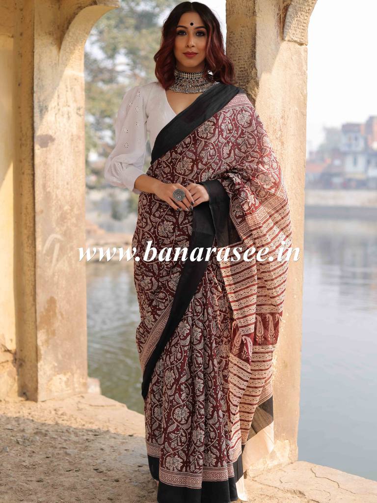 Handloom Mul Cotton Block Print Saree-Brown